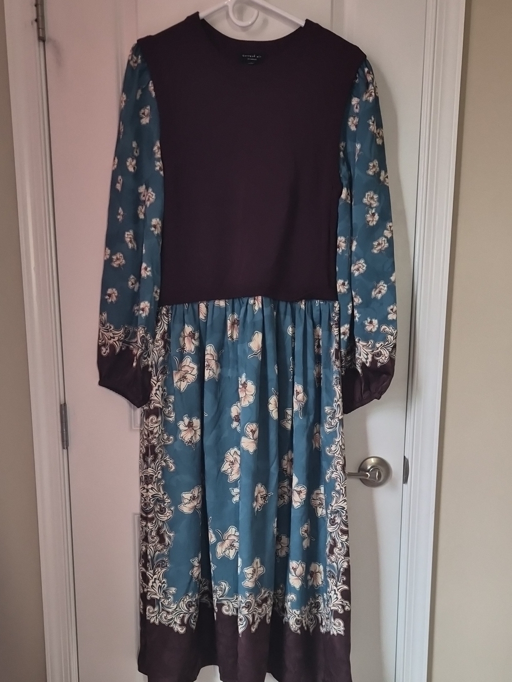 Current Air Teal Floral Long Sleeve Midi Dress with Plum Bodice